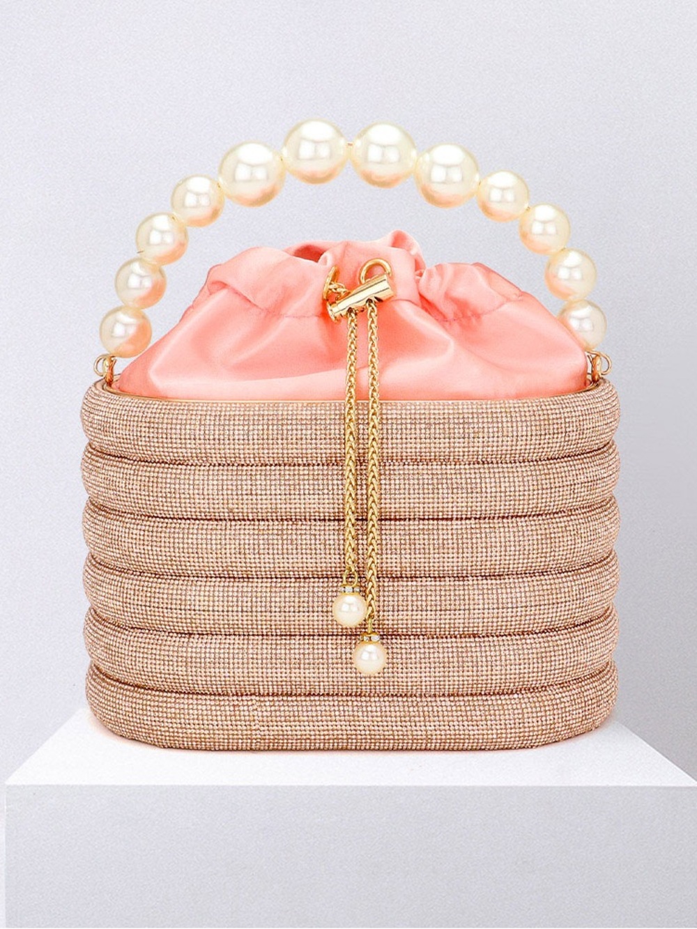 Pearl-Handle Woven Bucket Bag in Coral